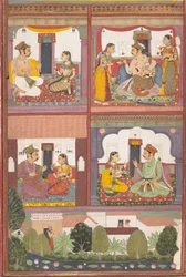 Vier Liefdesscènes en een Landschap: Pagina uit een Verspreide Raskapriya, ca. 1700