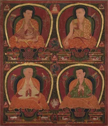 Vier zittende meesters, ca. 1450