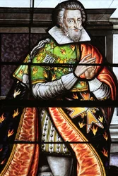 François de la Grange. Detail van glas-in-loodraam van de Tenhemelopneming van de Maagd, Bourges, Frankrijk