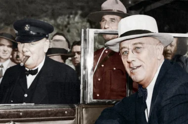 Franklin D. Roosevelt en Winston Churchill ontmoeten elkaar in Quebec, Canada, 1944