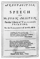 Vrijheid van de pers: titelpagina van de Areopagitica door John Milton, 1644, 1956