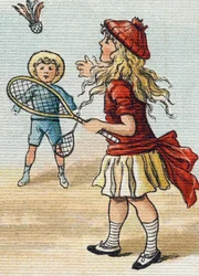 Spel van het Wiel. Gravure in "Alphabet de ma petite fille". Bernardin-Bechet en Fils, boekverkopers-uitgevers, Parijs, rond 1895. Onbreekbaar album op canvas. Bibliotheque des Bebes. 12 pagina