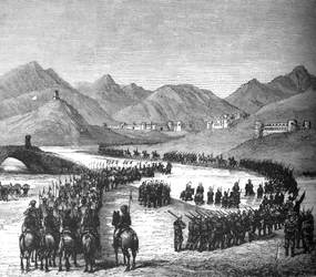 Divisie van generaal Ross steekt de Logar-rivier over op weg om Sir Donald Stewart te ontmoeten, ca. 1880