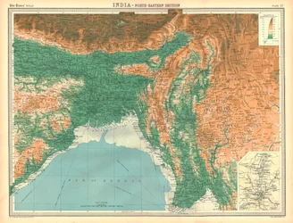 Geografische kaart van het noordoostelijke deel van India, begin 20e eeuw