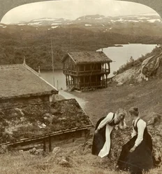 Roddelen bij een herberg langs de weg in Botten, met uitzicht op het Voxli-meer - uitzicht op de Haukeli-bergen, Noorwegen