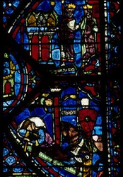 Gotische architectuur. Geschiedenis van Karel de Grote (detail): Karel de Grote ontvangt 3 jachten (boven) en Visie van Constantijn (I, keizer Byzantijns). Glas-in-lood van de noordelijke omgang, absidaal. Kathedraal van Chartres.