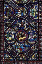 Gotische kunst: het leven van het wonderkind. Glas-in-lood van de ommegang van de Kathedraal Saint Etienne de Bourges (Loir et Cher)