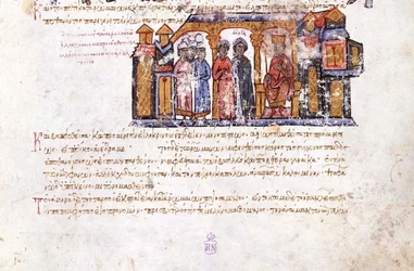 Grootvorstin Olga bezoekt Constantijn VII Miniatuur uit de Madrid Skylitzes, 11e-12e eeuw