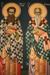 Grieks-orthodoxe icoon die Sint Vissarion en Sint Epiphanos afbeeldt, Thessaloniki, Griekenland