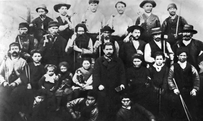 Groep Parijse arbeiders die deelnemen aan de Commune, foto. Parijse Commune 1871