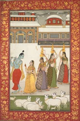 Gujari Ragini Krishna met Gopis die de fluit spelen, uit een Ragamala-serie, midden 1700