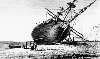HMS Beagle aan wal gelegd, Rio Santa Cruz, Patagonië, Zuid-Amerika, 1834 1839