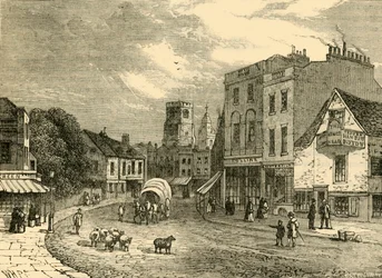 Hackney, kijkend naar de kerk, 1840