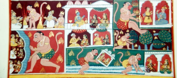 Hanuman, de apendemon, die onrust veroorzaakt onder mensen, ca. 1730