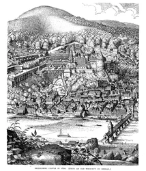 Kasteel Heidelberg en stad gezien over de Neckar rivier, Duitsland, 1620
