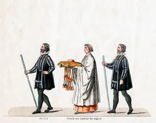 Herauten en priester, kostuumontwerp voor Shakespeares toneelstuk, Henry VIII, 19e eeuw