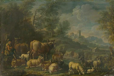 Herder met zijn kudde in romantisch landschap