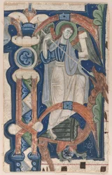 Geïllustreerde initiaal P uit een koorboek: St. Michael en de draak