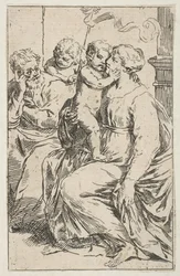 Heilige Familie met Sint Johannes de Doper, kopie in spiegelbeeld naar Cantarini