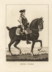 Paardenwacht, in militair uniform met steek, musket