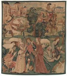 Jacht- en pastorale scènes, met een lachende man tussen dames