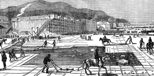 Ijs verzamelen op de Hudson River nabij New York, VS, 1875