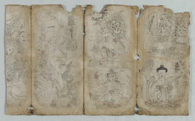 Iconografische tekening: Vaishravana, Yama, Vsnisavijaya, Tara en Boeddha recto, ca. 1500