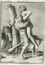 De Florentijnse schilder gebruikt het beeld van Hercules die in een dodelijke omhelzing Anteo vasthoudt, die van de grond getild niet langer onoverwinnelijk is, om de menselijke figuur te bestuderen terwijl hij een gewicht ondersteunt. Gravure uit Verhande