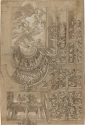 Illusionistisch plafond met een druivenprieel, figuren op galerijen, en een centraal..., ca. 1570-1580