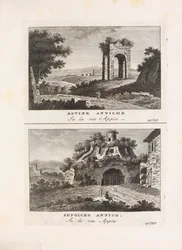 Illustratie uit het boek Oude en moderne uitzichten van de stad Rome van onbekende auteur en uitgegeven door Presso Venanzio Monaldini, Stefano Piale in Piazza di Spagna (it, [ca. 1820])