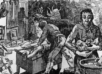 In Ardèche (Frankrijk), herberg Peyrebeille genaamd de rode herberg, beroemd door de misdaden gepleegd van 1807 tot 1833, hier, na het in stukken snijden van hun slachtoffers, stoppen de Martins en hun dienaar Jean Rochette hen in de oven, gravure