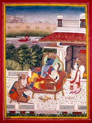 Indiase miniatuur die Krishna en een prinses op een bank toont, 18e eeuw