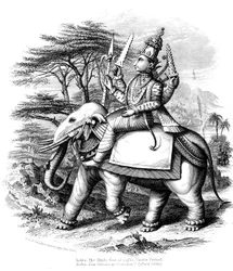 Indra, hoofd van de Vedische goden van India op zijn olifant, c1880