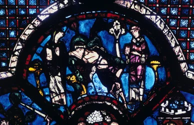 Gewonde pelgrim genegeerd door priester en Leviet, glas-in-lood, Kathedraal van Chartres, Frankrijk, 1205-1215