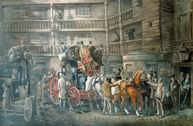 Herberg met postkoets die zich voorbereidt om te vertrekken, ca. 1840