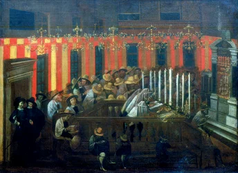 Interieur van een synagoge tijdens het gebed
