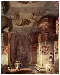 Interieur van een grottempel, Ellora, Maharashtra, India, 19e eeuw 1956