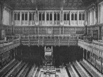 Interieur van het Lagerhuis, Westminster, kijkend naar de stoel van de voorzitter, 1909