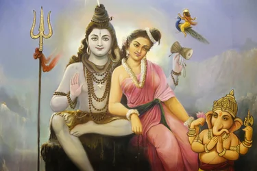 Jalaram Prathna hindoe tempel, Leicester. Fresco met Shiva, Parvati en Ganesh. Verenigd Koninkrijk