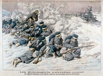 Japanse aanval op een hospitaaltrein bij Port Arthur, Mantsjoerije, Russisch-Japanse Oorlog, 1904