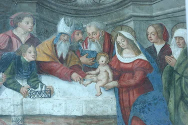 Jezus in de tempel fresco op de deur van de kathedraal van Sint-Maria, Aosta, Italië