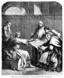 Koning Jan 1167-1216 weigert de Magna Carta te ondertekenen toen deze hem voor het eerst werd voorgelegd, 1215