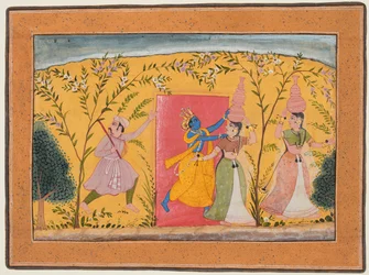 Krishna heft tol van de melkmeisjes, uit een Bhagavata Purana, ca. 1600