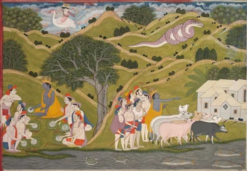 Krishna keert terug met de herders naar Braj, uit een Bhagavata Purana