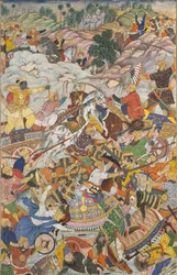 Krishna en Balarama Vechten tegen de Vijand, Folio uit een Harivamsa De Legende van Hari, c1590-95