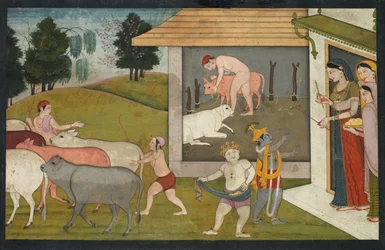 Krishna en Lakshmana brengen het vee naar de weide, pagina uit de Bhagavata Purana