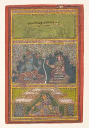 Krishna en Radha in gesprek: Pagina uit een verspreide Gita Govinda..., 18e eeuw