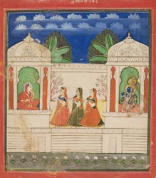 Krishna en Radha in twee paviljoens