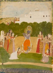 Krishna naast een rivier die fluit speelt, ca. 1720