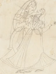 Krishna verkleed als vrouw omhelst Radha, 19e eeuw
